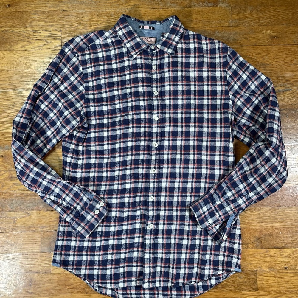 Thomas Pink Mens Medium Flannel Shirt Blue Pink Plaid Casual Fit Long Sleeve